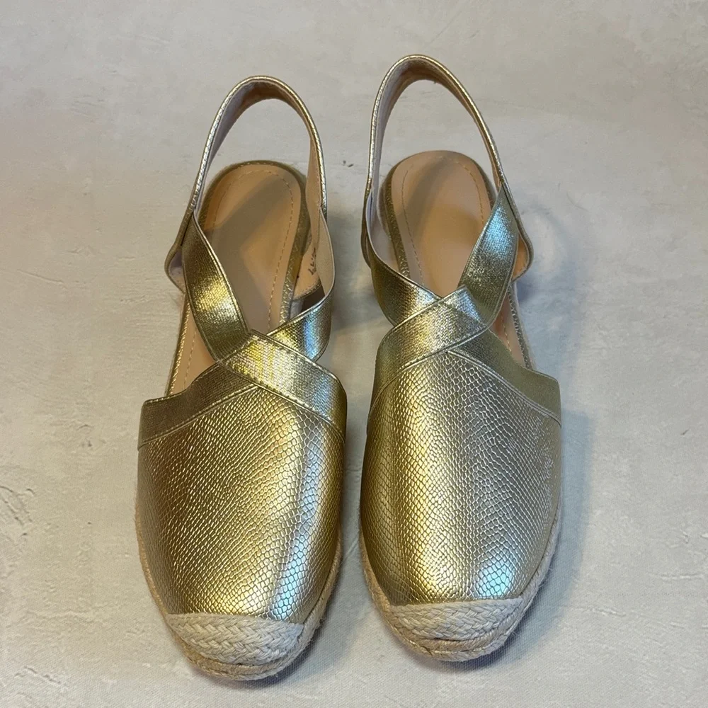 Elegant Gold Women's Slingback Espadrilles, elastic strap, 2” wedge, size 41, 10
